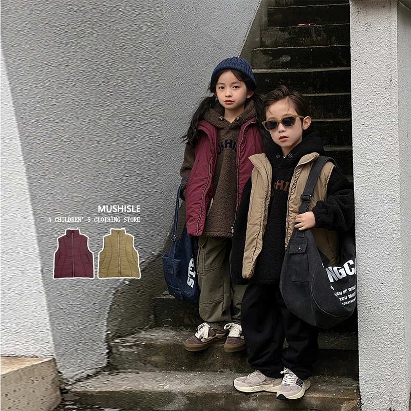 阿又男童冬纯色航线冬装马甲儿童拉链保暖宽松时尚耐看时尚83273D