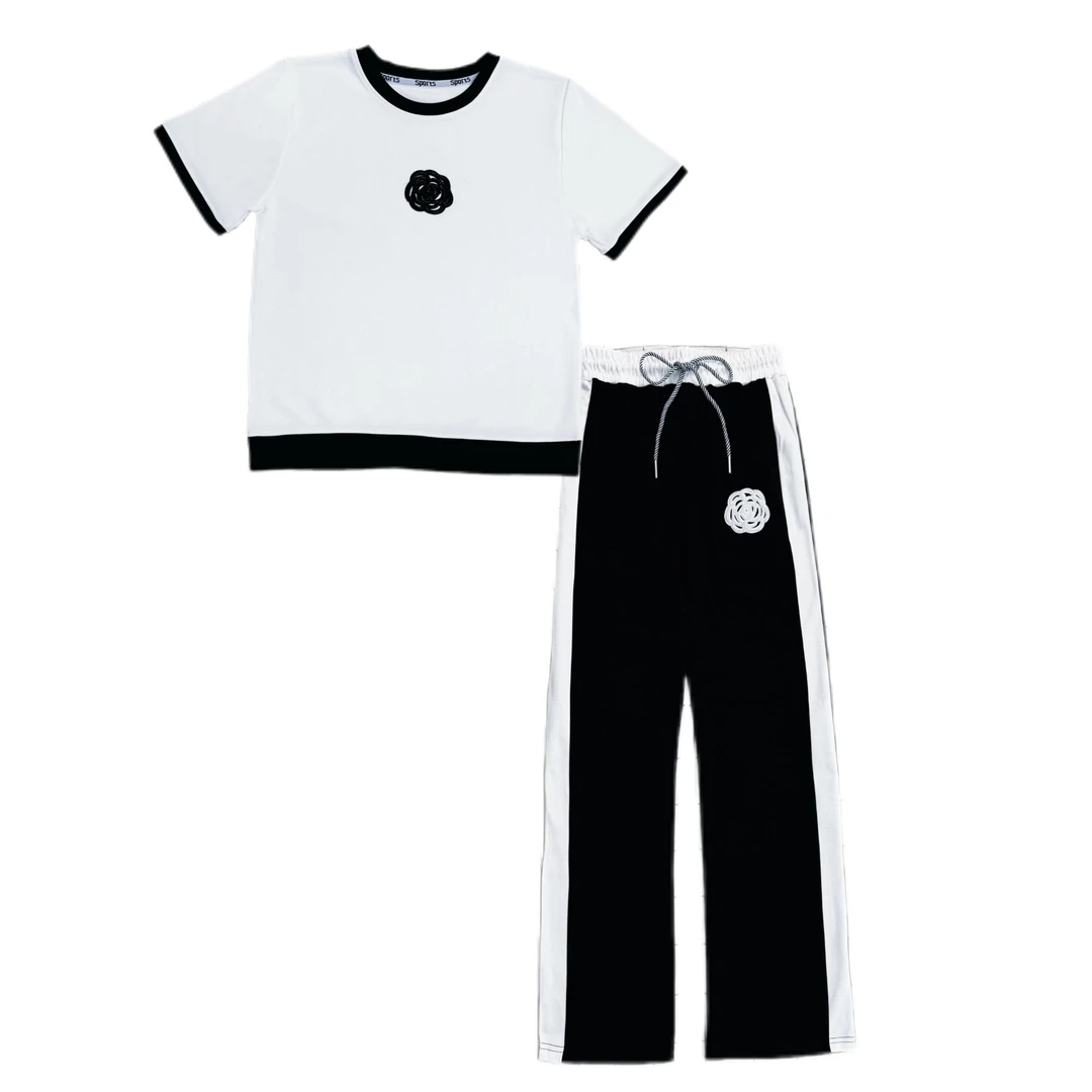 短袖山茶花时尚拼色休闲套装J