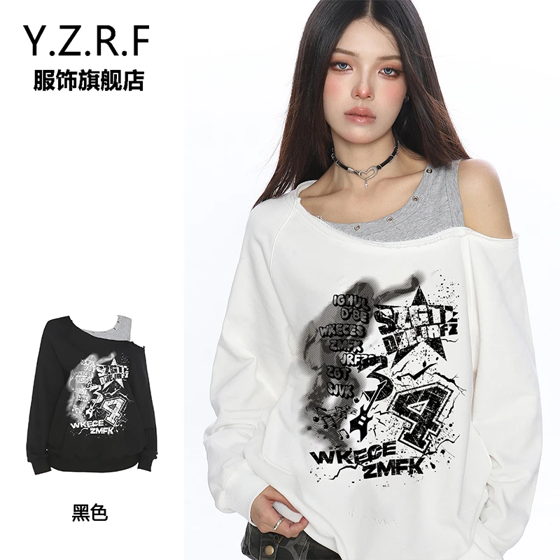 美式复古字母涂鸦斜肩宽松卫衣女新款假两件露肩一字肩穿搭上衣