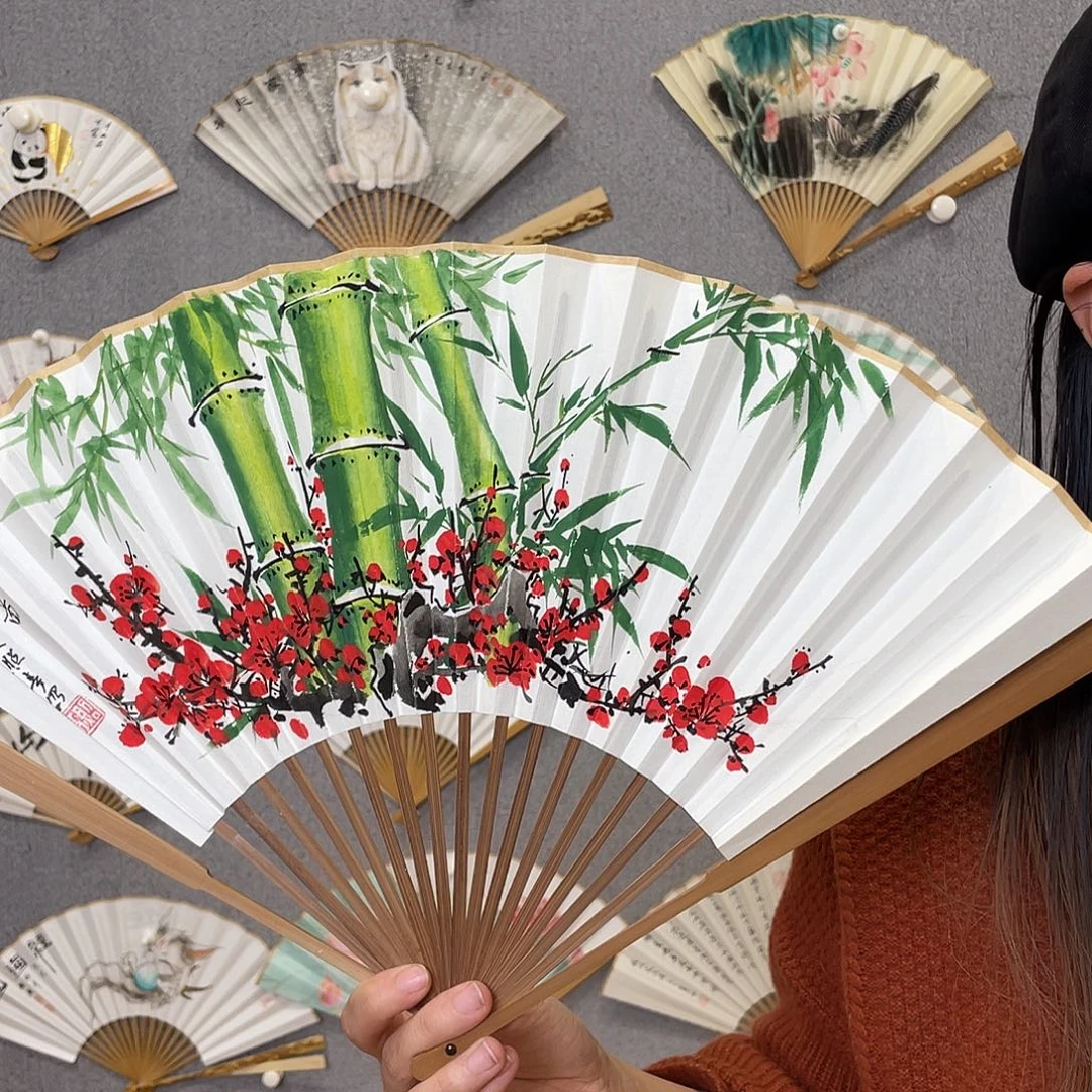 书法95寸玉竹-纯手绘-文玩扇骨（默认粘好）