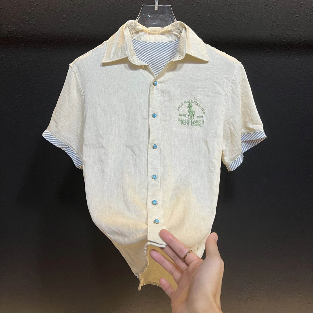 【澳门总奢】夏季新款男士纯亚麻衬衫老钱风休闲高级感短袖男装6015