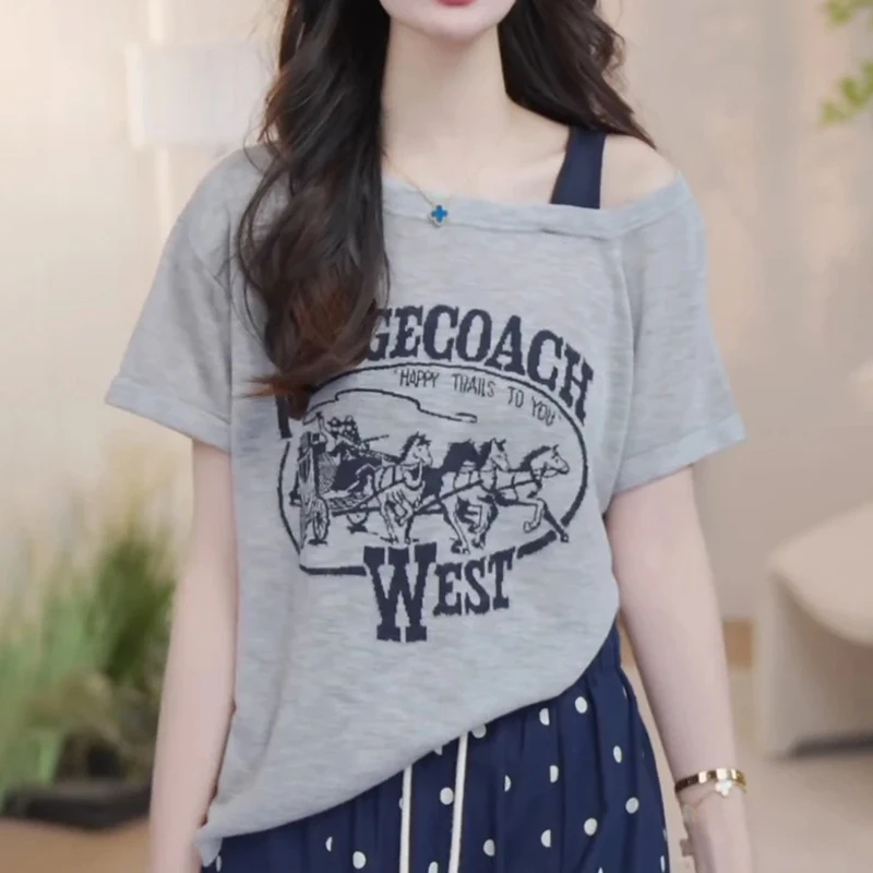 设计感斜肩字母印花短袖t恤女2025夏季新款修身显瘦减龄百搭上衣