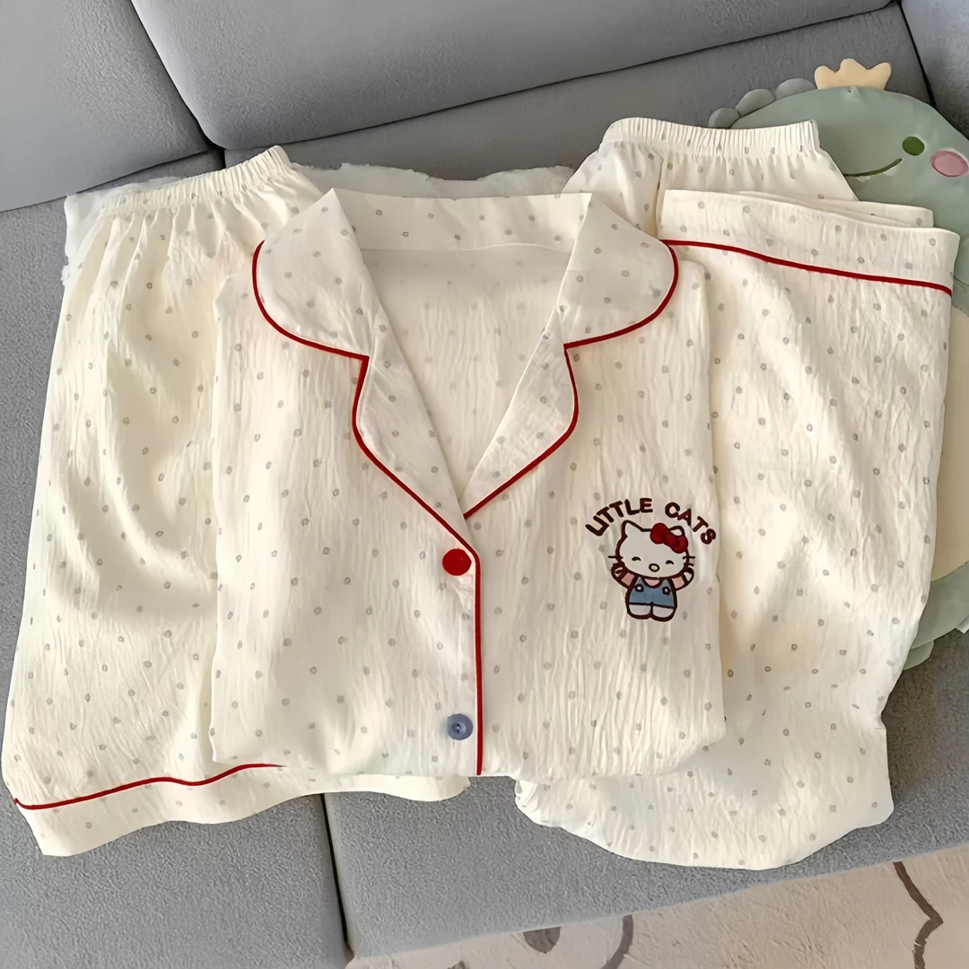 【Kitty】睡衣泡泡棉女夏季短袖透气甜美薄款大码卡通三件套装