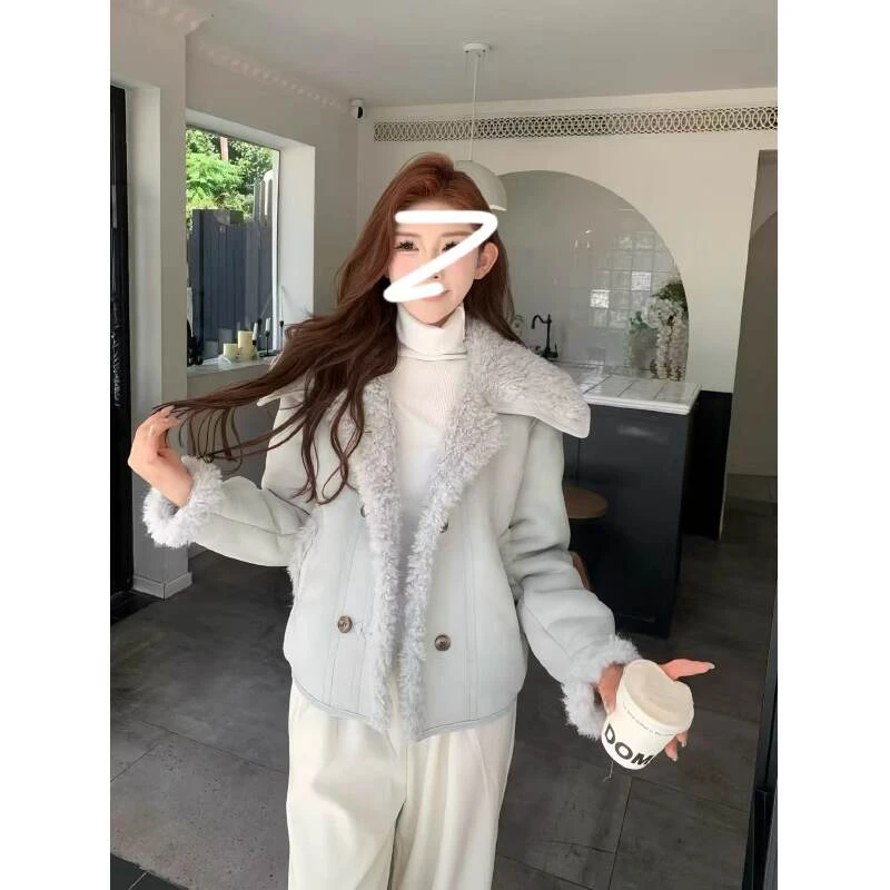 X12836-冬季宽松保暖翻领毛毛外套女减龄高级感毛绒绒上衣