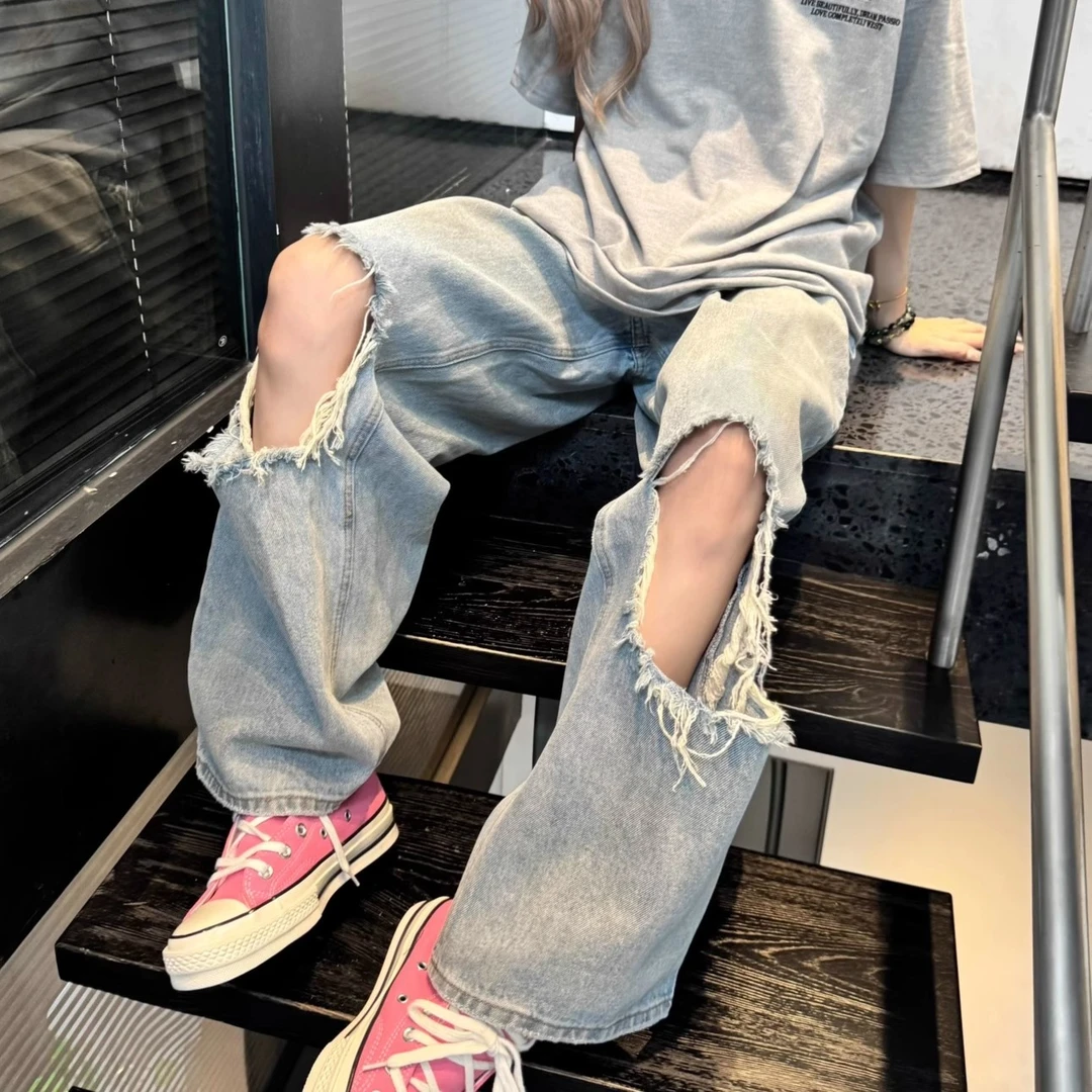 设计感破洞复古水洗阔腿牛仔裤女夏季新款宽松百搭松弛小众直筒裤