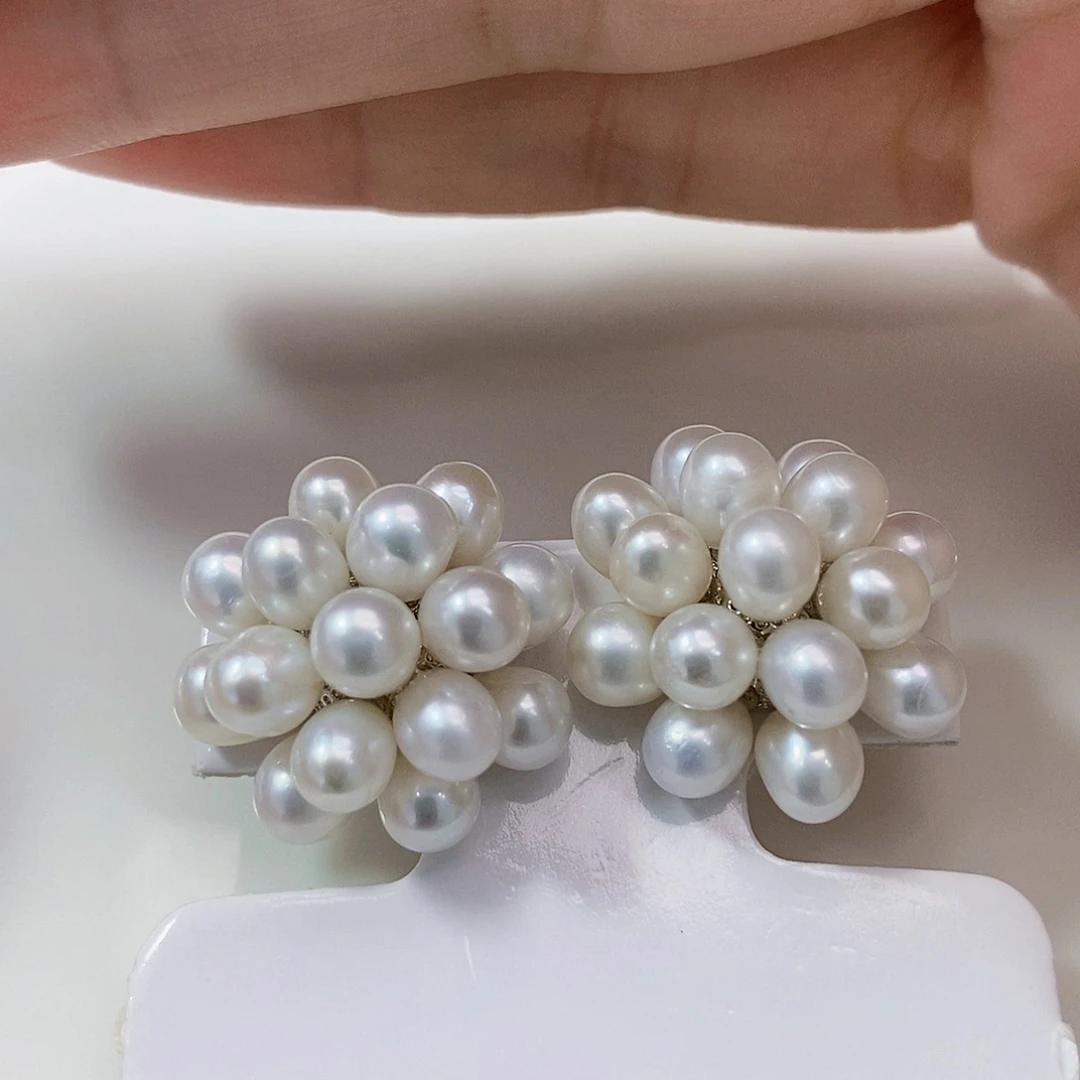 银S925镶嵌淡水珍珠特价极光手工多珠耳饰