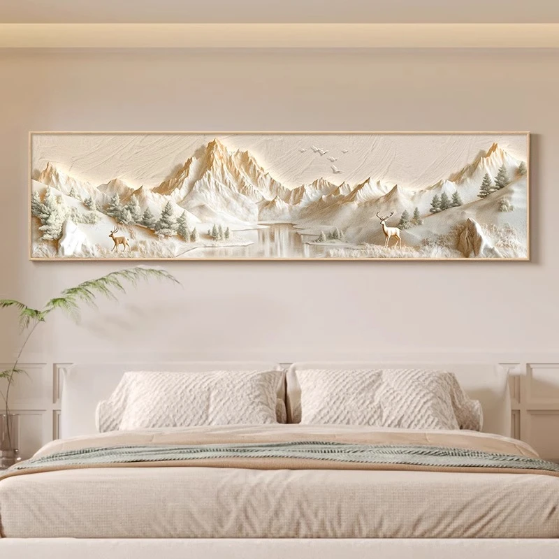 背靠金山床头装饰画奶油风主卧室挂画平面立体山水画客厅墙面壁画