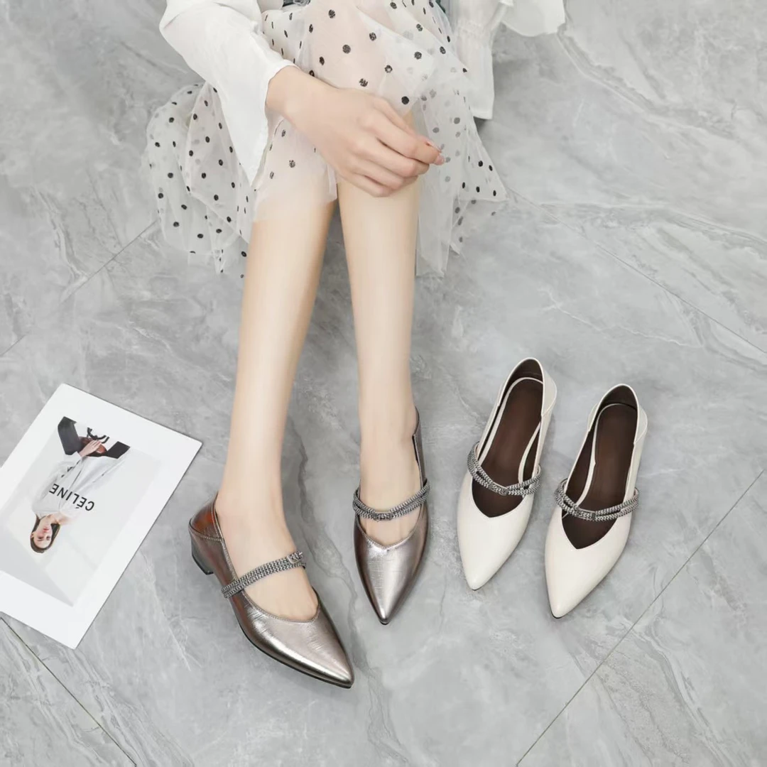 16195女士牛皮单鞋低跟气质中跟玛丽珍鞋粗跟百搭舒适尖头浅口