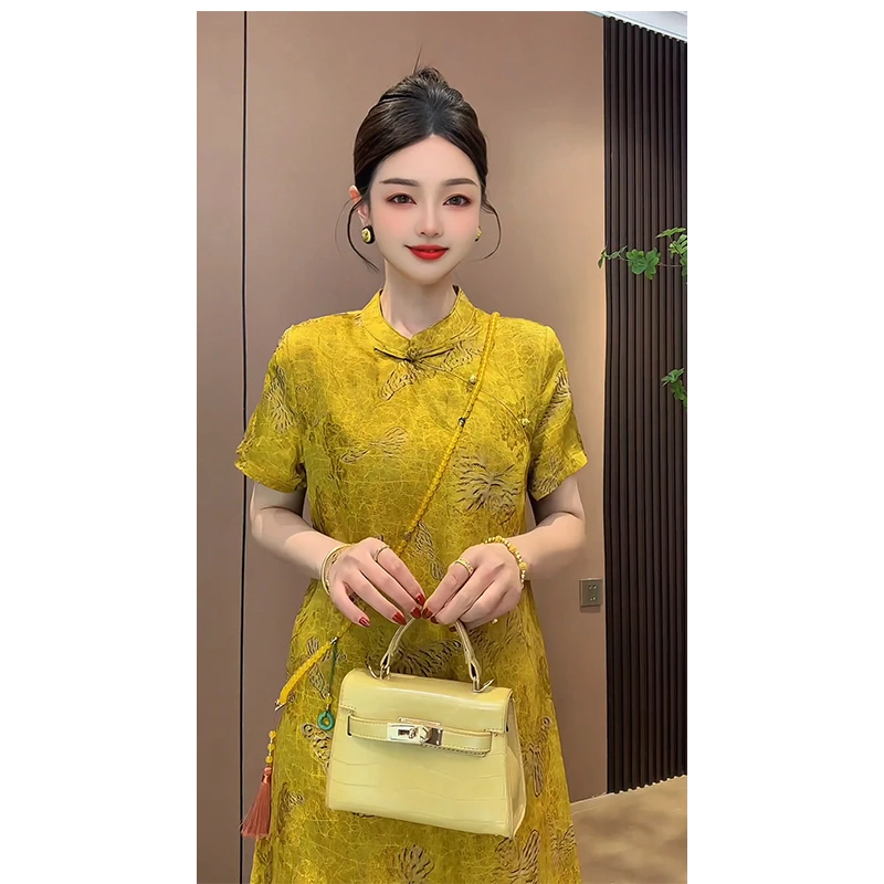 【金蝶报喜】国风新中式旗袍裙子人丝提花复古短款A字连衣裙短裙女