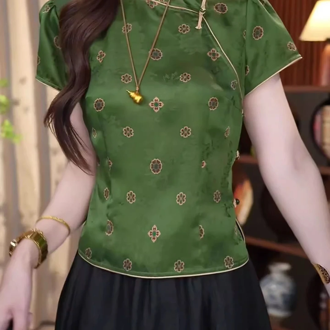 新中式国风盘扣碎花短袖衬衣女2025夏季时尚时尚优雅休闲外穿小衫