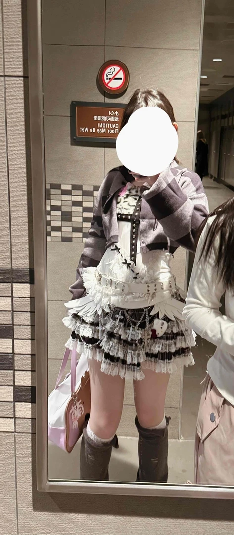 2025年原创高腰软妹甜美半身裙牛仔蕾丝蛋糕裙背带半裙lolita