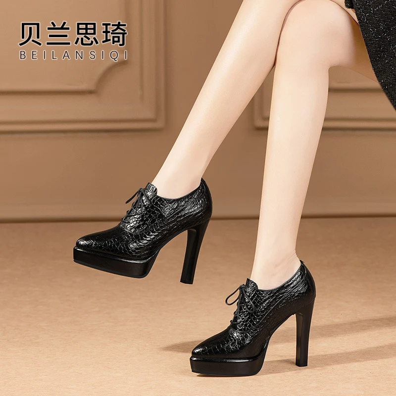 真皮尖头系带厚底深口粗跟单鞋女2025春秋季欧美防水台高跟鞋5790