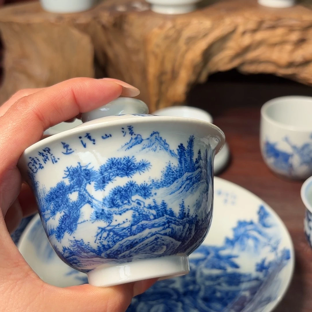 杯静**言柴窑青花瓷盖碗