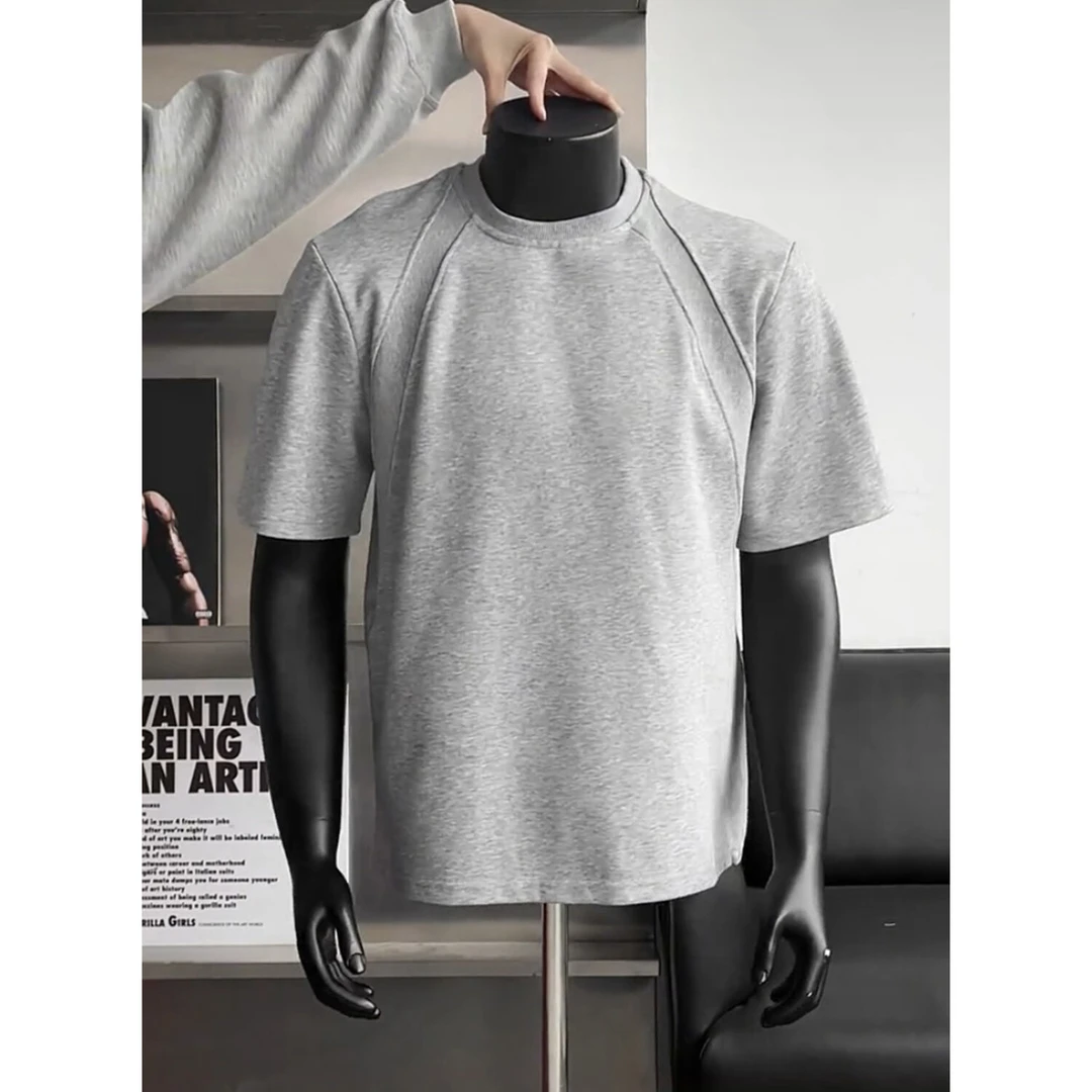 300g正肩灰色太空棉空气层拼接短袖T恤男抗皱硬挺短款boxy版夏季