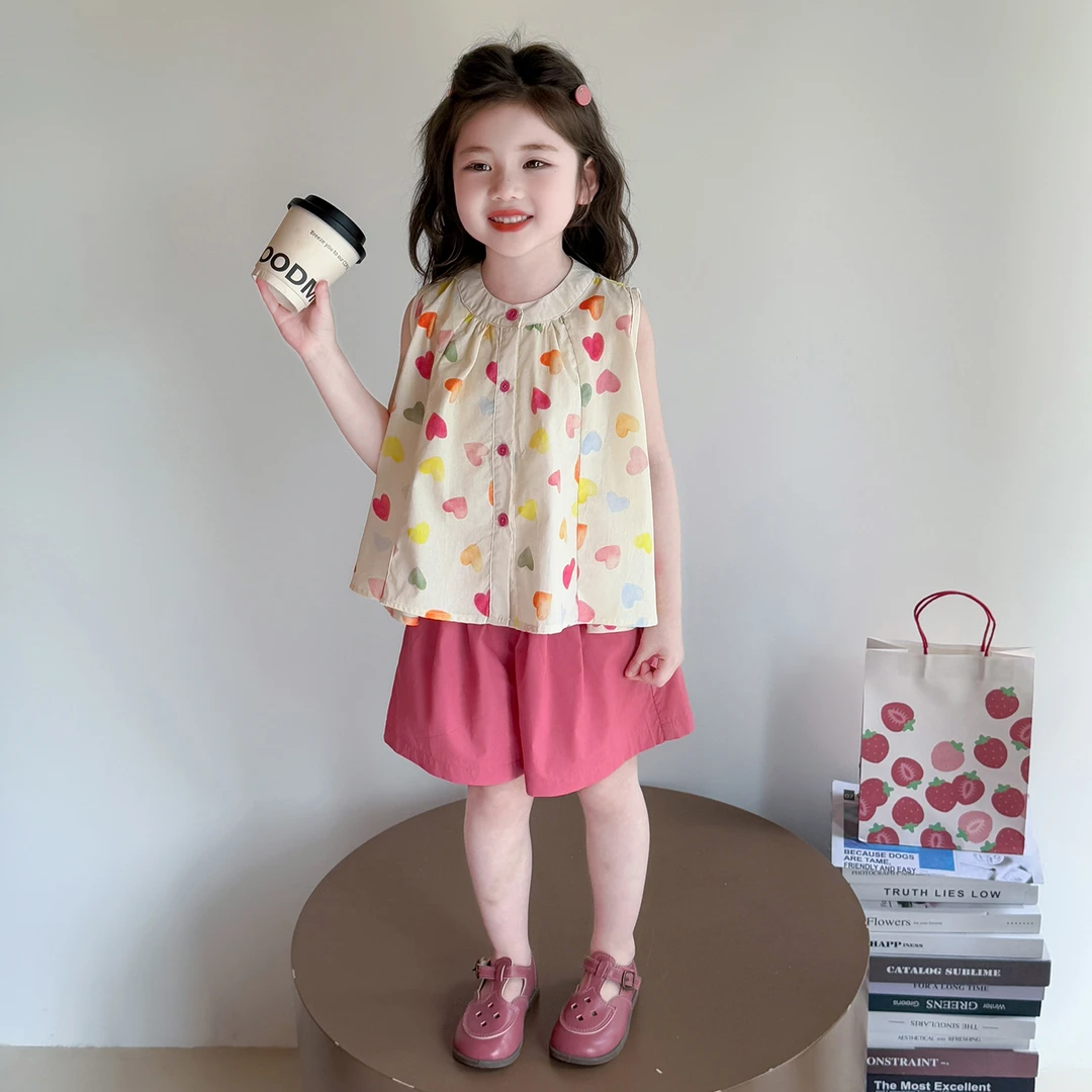 女童夏季无袖套装洋气儿童甜美小女孩碎花衬衫短裤两件套宝宝夏装