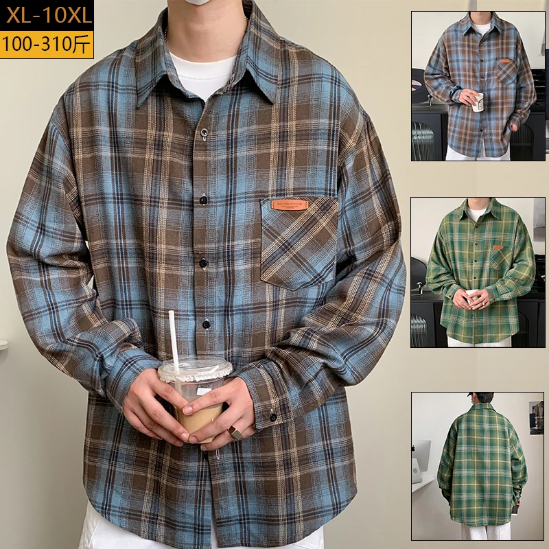 大码男士春季格子港风衬衫胖子宽松休闲长袖慵懒加大美式上衣潮牌