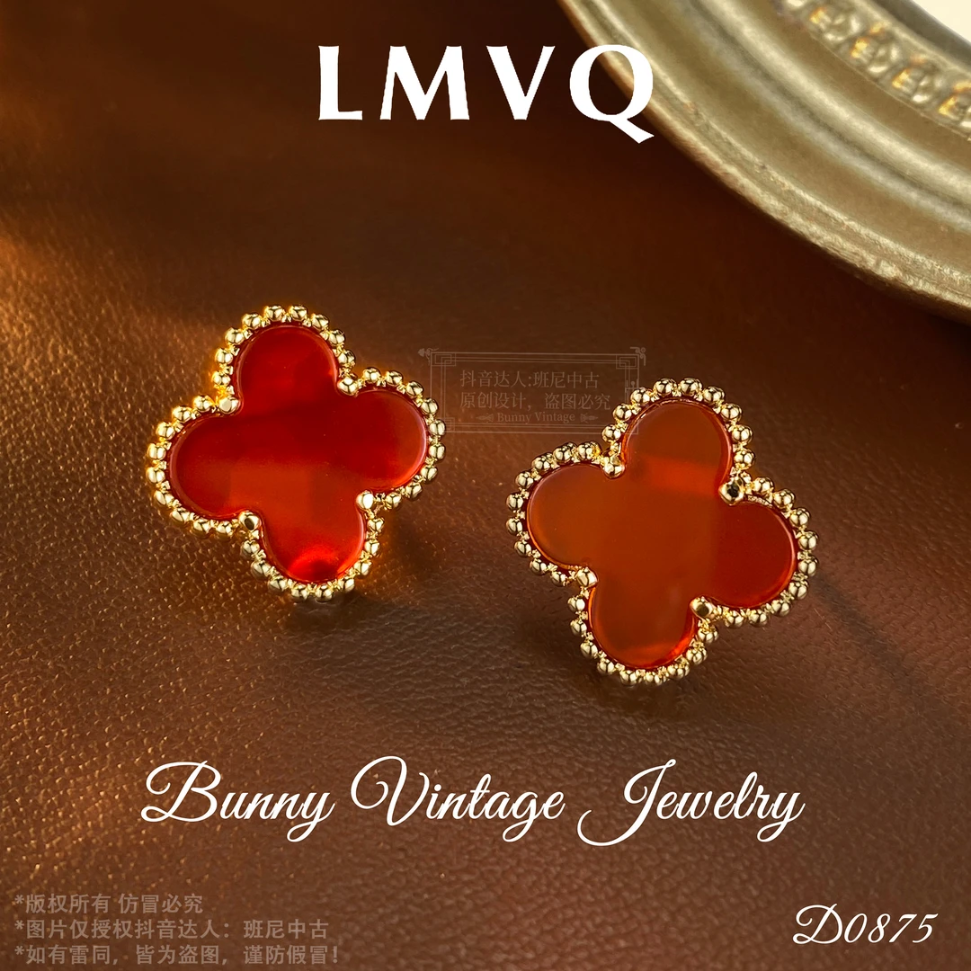 D0768 法 LVMQ罗曼维奇红色幸运四叶草耳钉