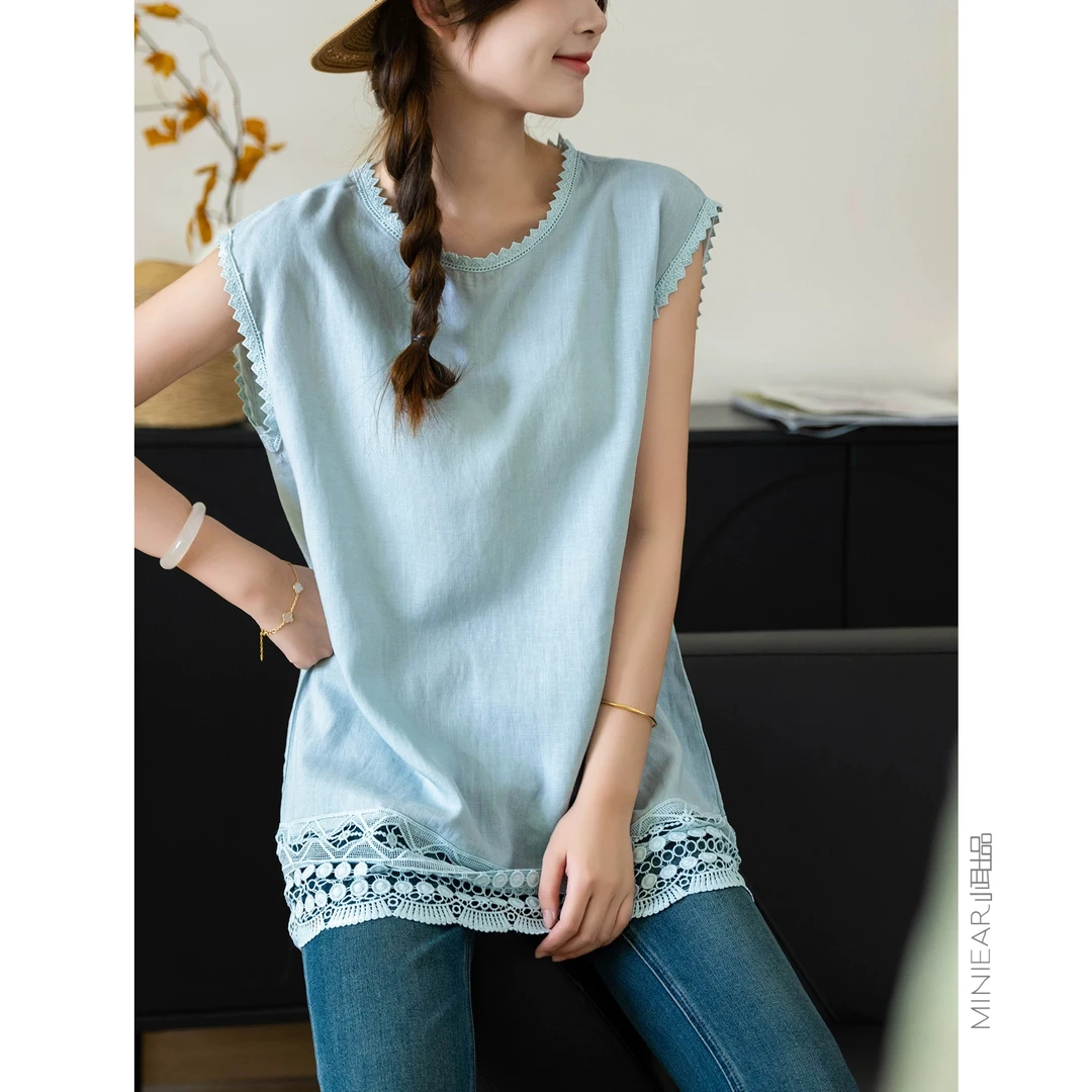 【瑜妹妹】萣染100汉麻花边背心无袖T减龄汉麻款~重工蕾丝拼接