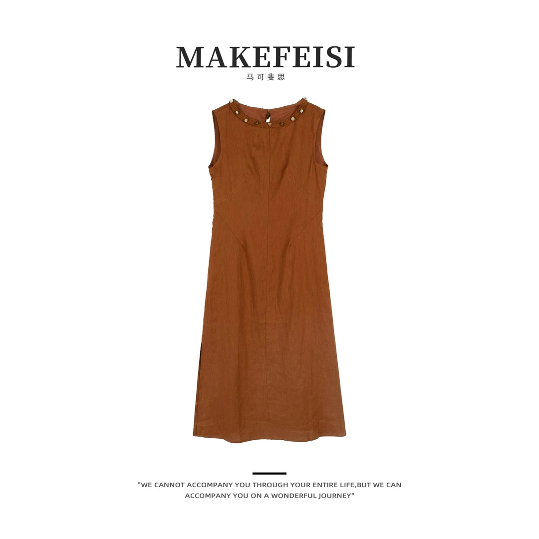 西西里亚麻裙|重工高品质钉珠气质连衣裙LYQ460