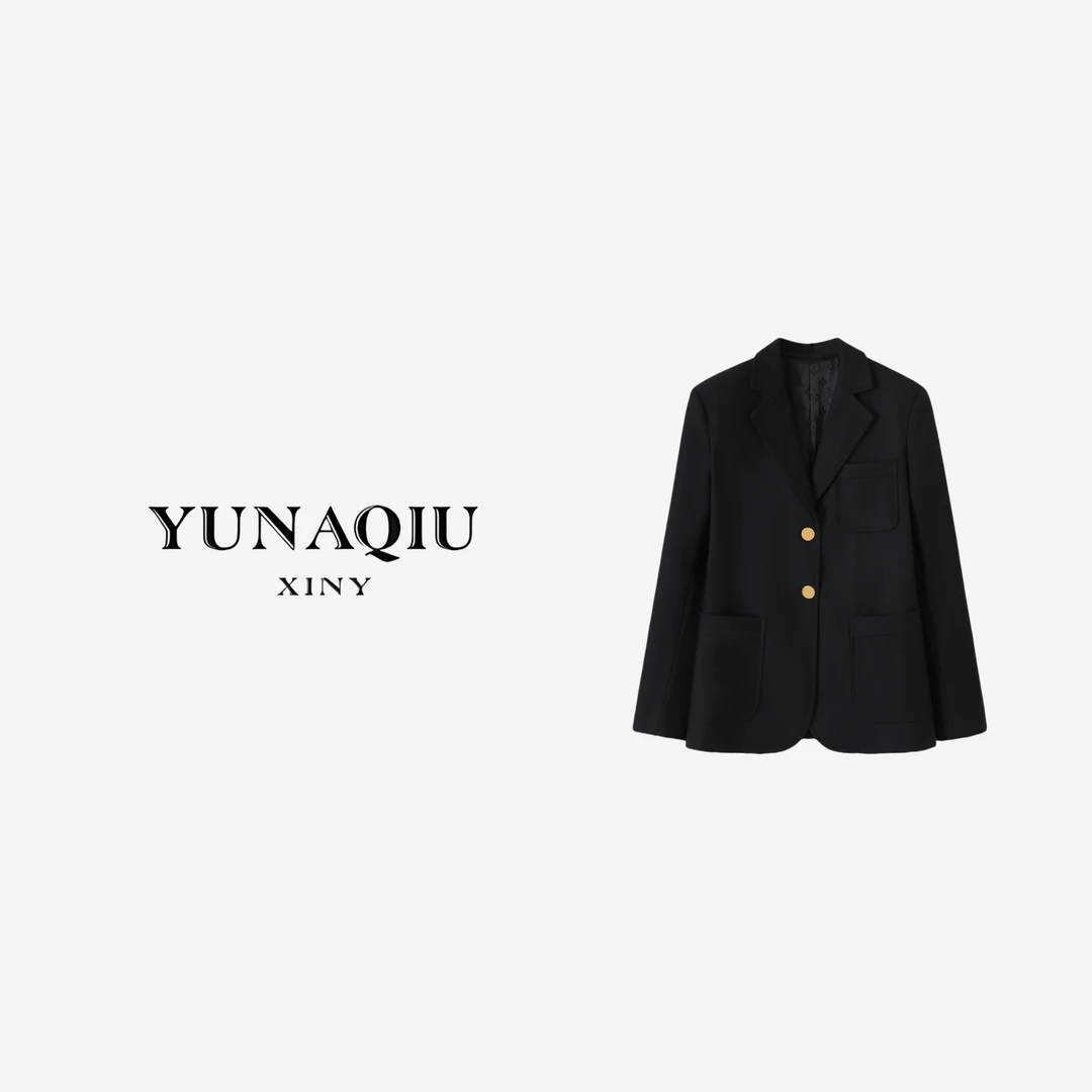 YUNAQIU 黑金中长款女士高端秋冬时尚百搭纯色气质西装 8372