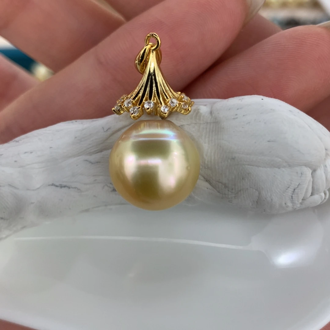 定制海水珍珠银S925镶嵌吊坠(不含链)13-14mm金珠裸珠一款