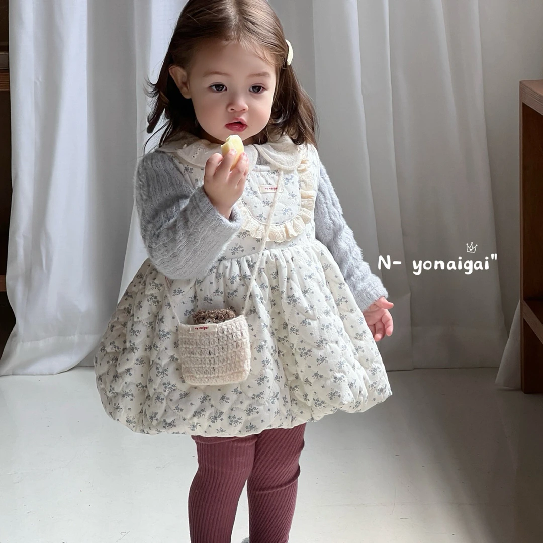 奶油奶盖秋冬碎花连衣裙套装女宝甜美加绒保暖娃娃领打底背心裙