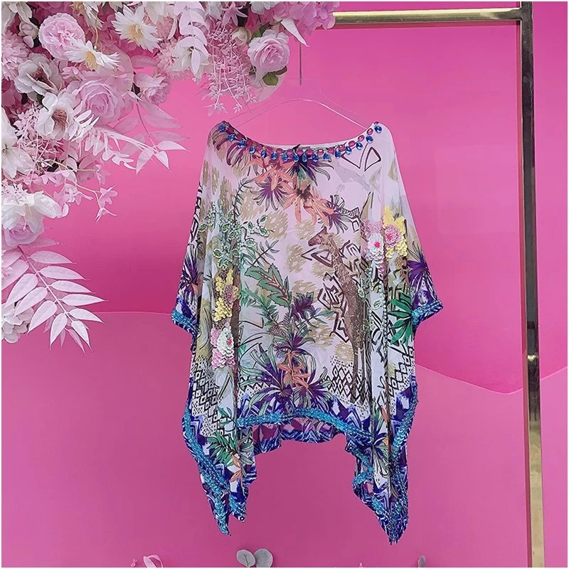 A2385欧美设计师2025夏季新款重工刺绣亮片花色斗篷飞飞袖衬衫女
