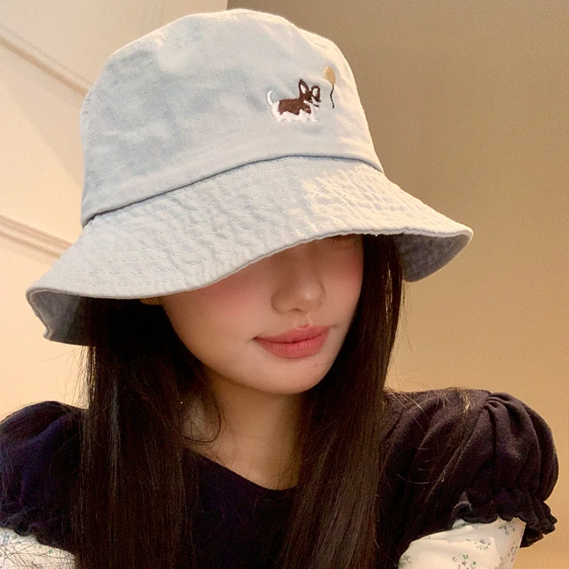 繁星！可爱小狗刺绣蓝色渔夫帽女年春新款百搭大帽檐防晒遮阳盆帽