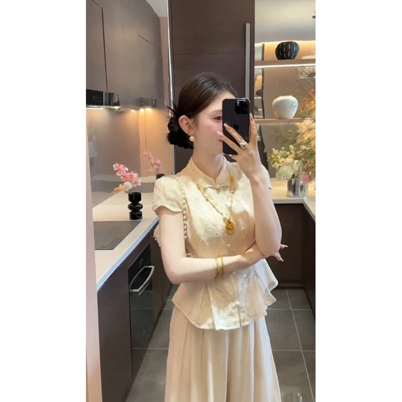 新中式气质亮片贵气感国风上衣女装2025夏季新款百搭高级收腰小衫