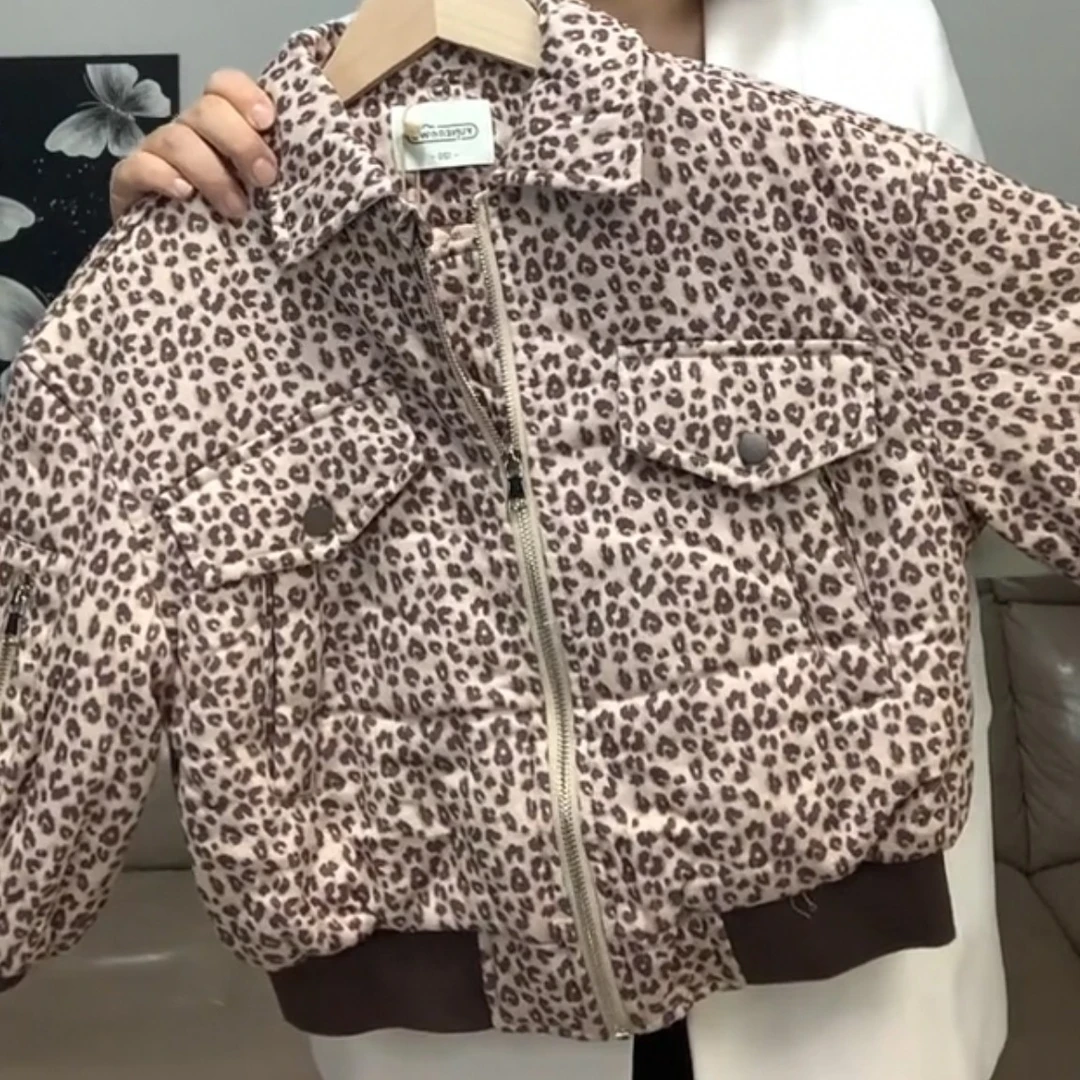 冬季时尚潮童港风简约豹纹咖色复古毛领可拆棉服中大童外套