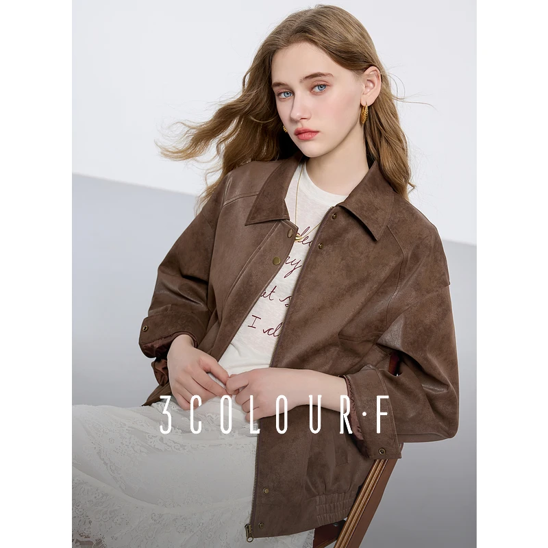 【达人专属】三彩独醒2025春季PU皮衣外套翻领夹克开衫巴恩风宽dbx