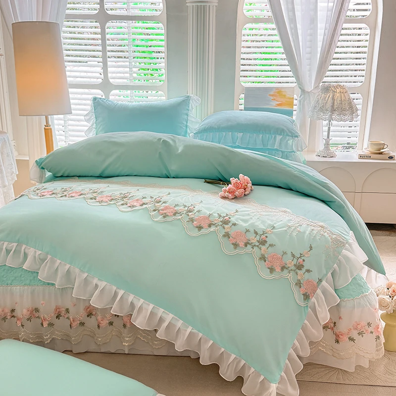 韩版公主风纯色夹棉床盖四件套高颜值少女心绣花荷叶边被套四季款