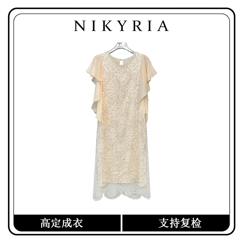 【知花清梦】飞飞袖轻奢亮片连衣裙精致优雅女装重工钉珠长裙