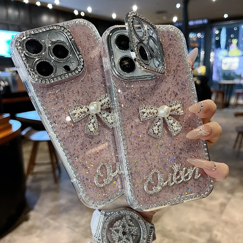 适用苹果系列iPhone新款手机壳边钻立体蝴蝶结全包镜头膜钻框支架