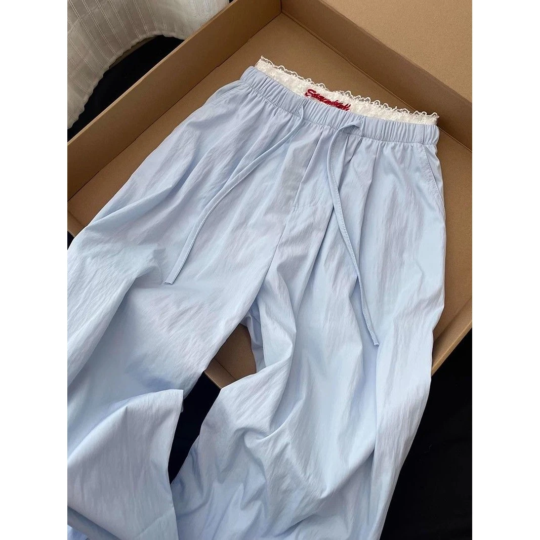 【4.6万人收藏】韩版蓝色高腰显瘦休闲裤女夏季小个子宽松阔腿百