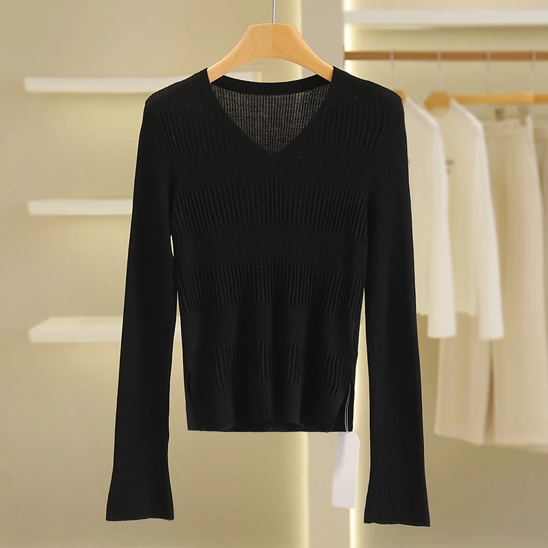 【伍莎-自营】两侧开叉修身显瘦v领衫#WYX48M096