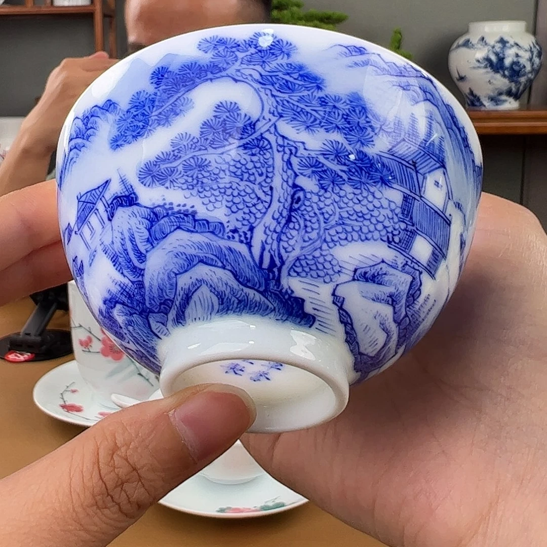 柴窑 青花山水直口杯