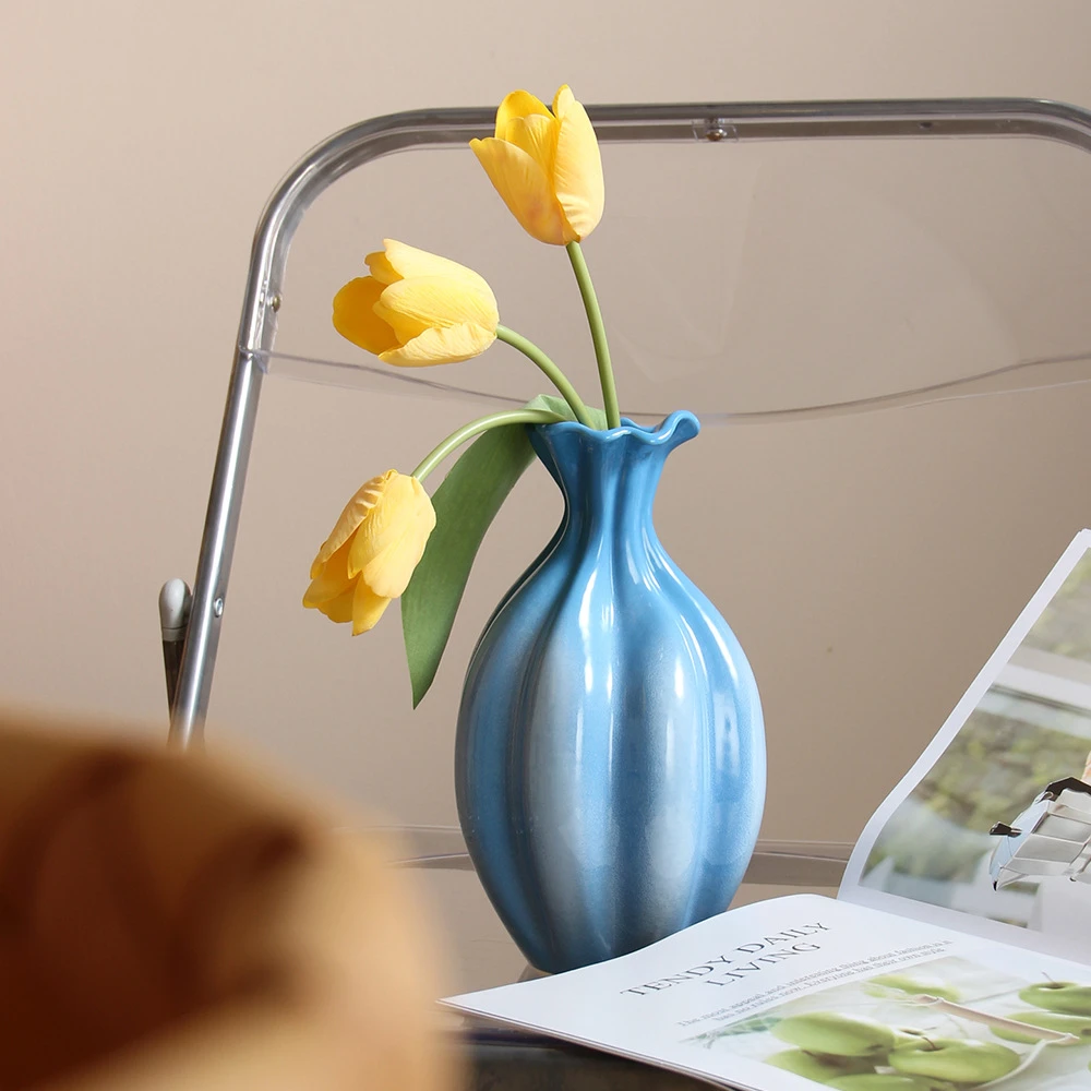 高级感蓝色陶瓷花瓶高级感中古ins高颜值插花瓶花器装饰摆件法式