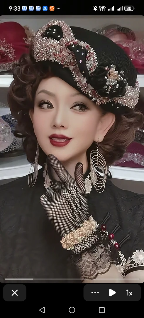 黑色重工水钻手工时尚高端蓓蕾帽复古流行网红帽子女士ol镶钻