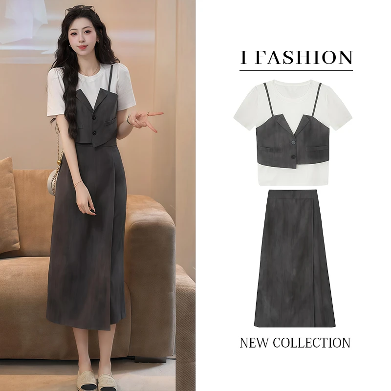 假两件撞色套装女2025年夏季新款拼接减龄上衣高腰半身裙两件套潮