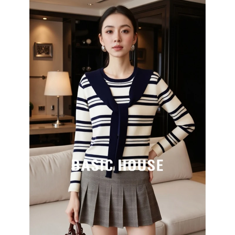 Basic House/百家好藏蓝色长袖披肩针织衫女秋冬设计感条纹打底衫