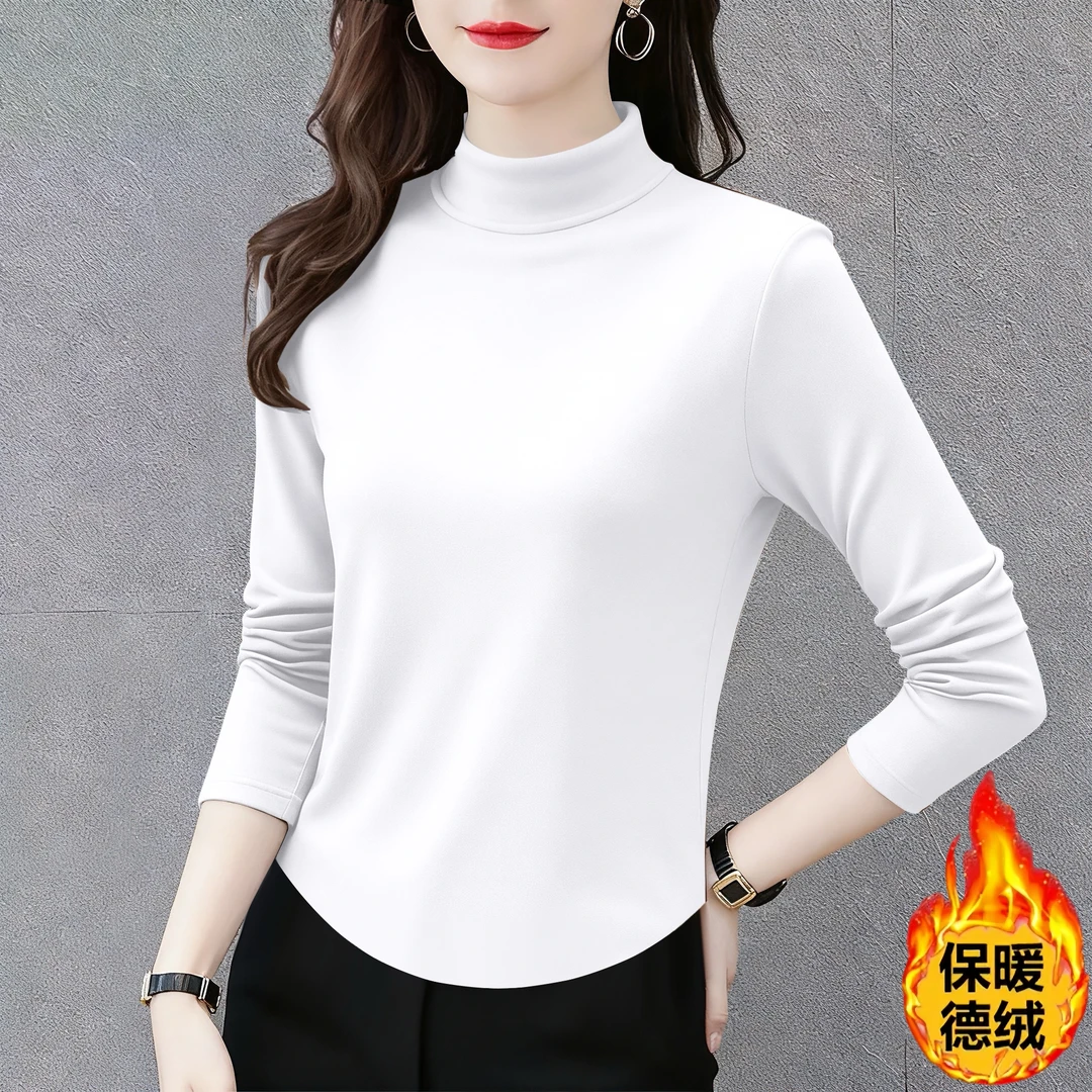 加厚双面德绒半高领打底衫女秋冬季新款百搭修身遮肚长袖保暖上衣