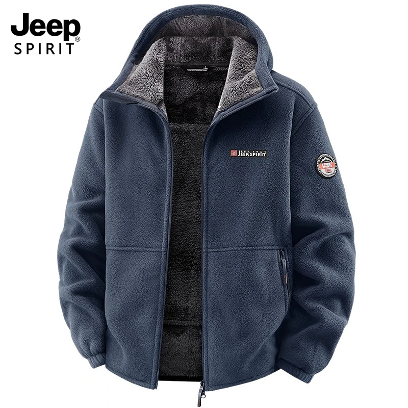 JEEP吉普开衫摇粒绒外套男秋冬季保暖户外连帽大码加绒加厚卫衣