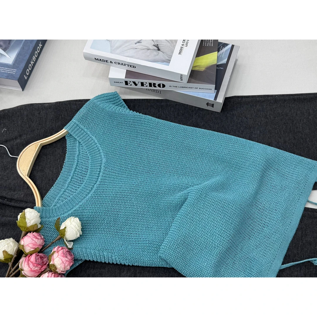 【湖蓝色后背系带】新款气质款针织短袖上衣QC2820