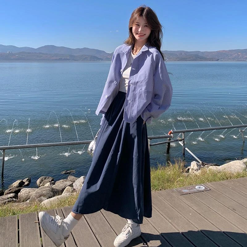 高级感韩系开春穿搭一整套女2025新款休闲蓝格衬衫半身裙子两件套