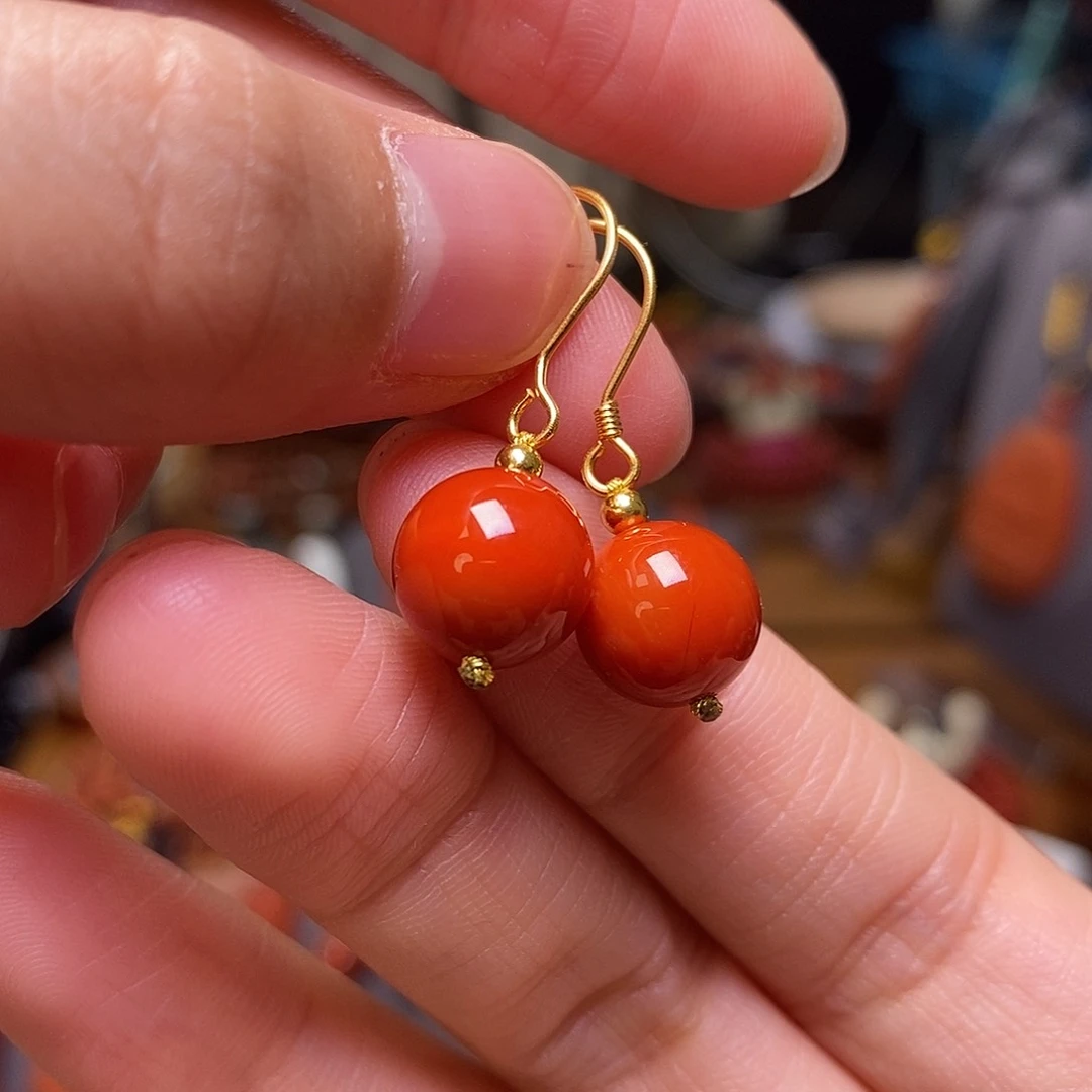 南红玛瑙耳坠9m m银S925镶嵌