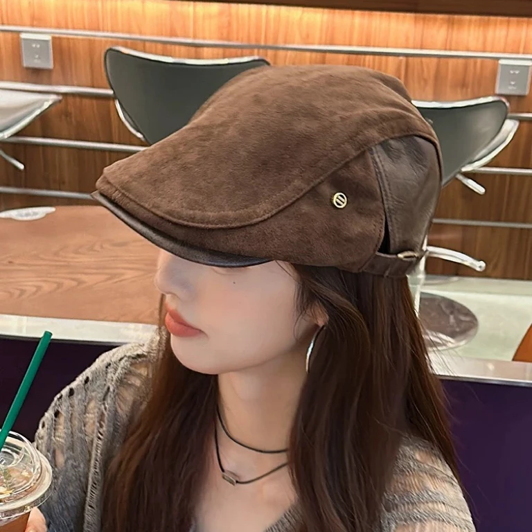 复古麂皮绒前进帽女秋季新款日系老钱风休闲百搭潮酷反戴贝雷帽子