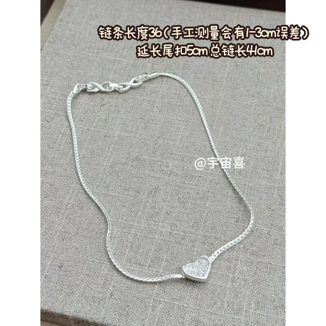 铜合金锆石项链 【银白色八字扣中古蛇骨锆石爱心项链颈链】