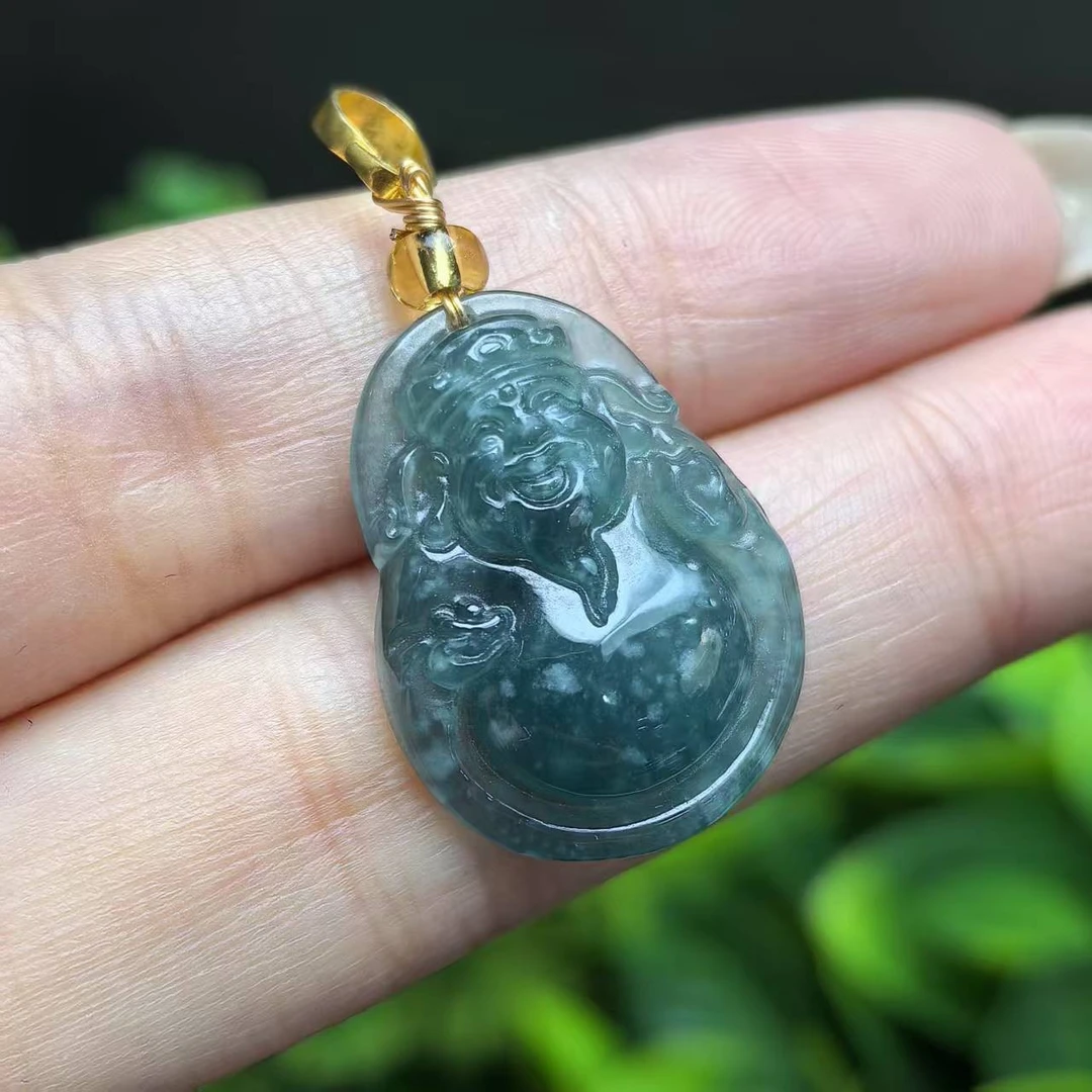 A5197【BBF】翡翠A货财神爷吊坠-配皮绳