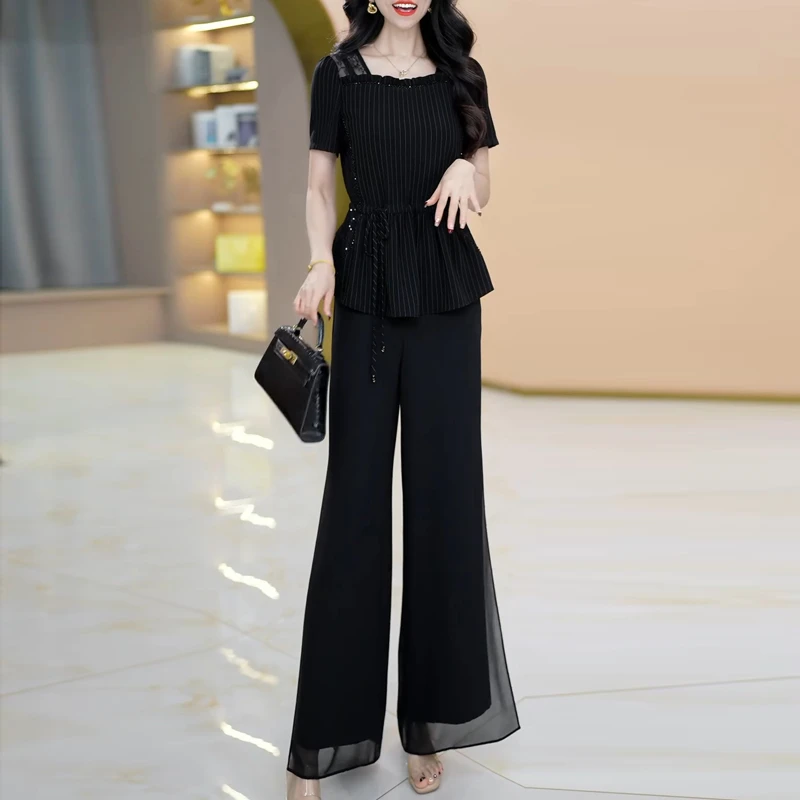 高端时尚两件套装2025夏新款轻奢气质显瘦遮肚子条纹短袖上衣裤子